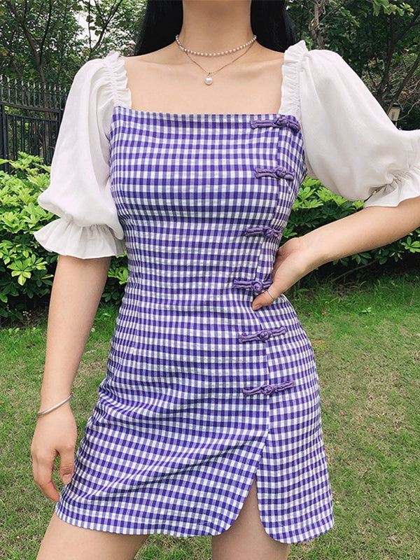 LD | Geruite mini jurk met pofmouwen
