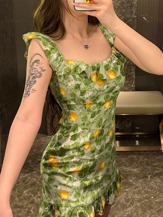 LD | Vintage Groen Mini-jurkje met ruches