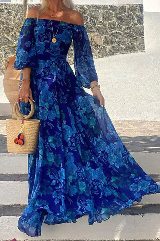 LD | Gebloemde off-the-shoulder gesmokte maxi jurk voor de feestdagen