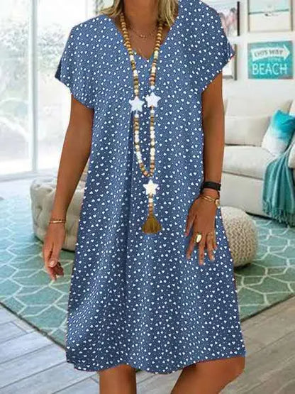 LD 2023 Vrouwen Zomerjurk Elegante Boheemse Losse V-Hals Korte Mouwen Jurken met Hartjesbedrukking Dameskleding Strandzondress