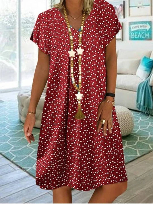 LD 2023 Vrouwen Zomerjurk Elegante Boheemse Losse V-Hals Korte Mouwen Jurken met Hartjesbedrukking Dameskleding Strandzondress