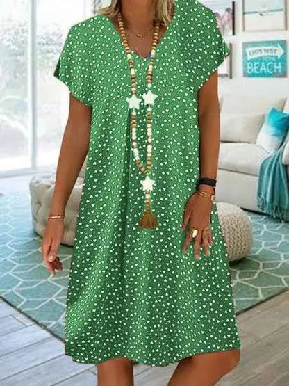 LD 2023 Vrouwen Zomerjurk Elegante Boheemse Losse V-Hals Korte Mouwen Jurken met Hartjesbedrukking Dameskleding Strandzondress