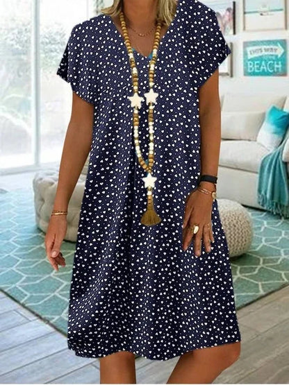 LD 2023 Vrouwen Zomerjurk Elegante Boheemse Losse V-Hals Korte Mouwen Jurken met Hartjesbedrukking Dameskleding Strandzondress