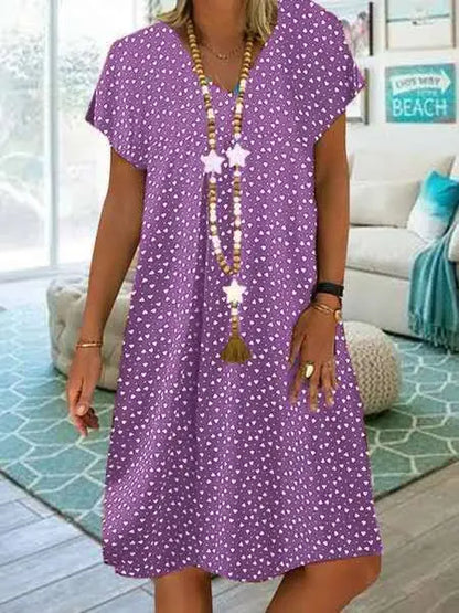 LD 2023 Vrouwen Zomerjurk Elegante Boheemse Losse V-Hals Korte Mouwen Jurken met Hartjesbedrukking Dameskleding Strandzondress