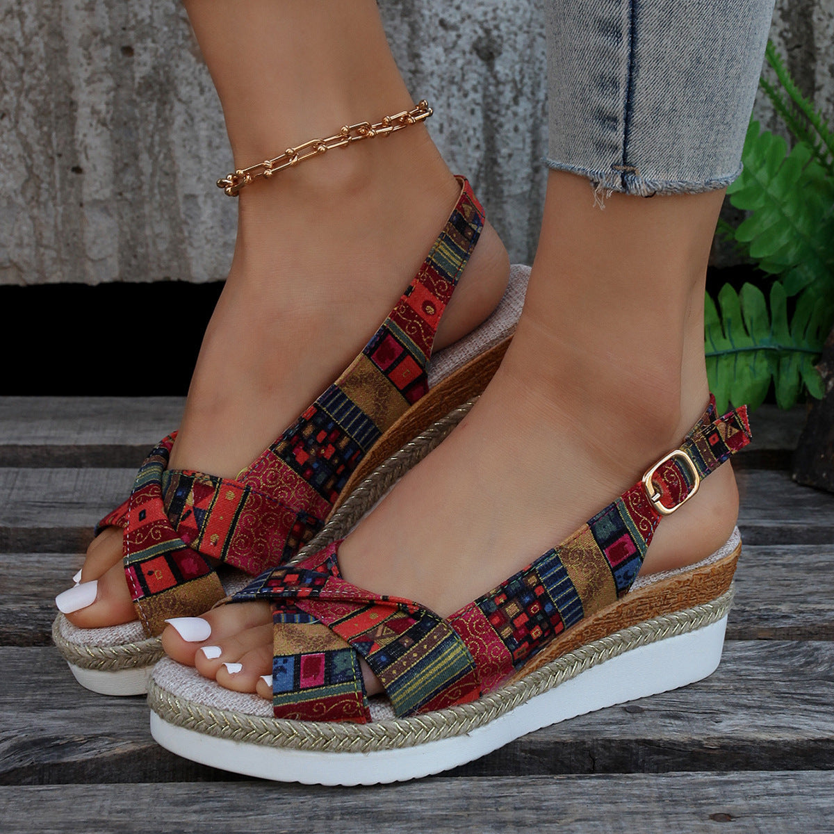 LD | Bedrukte open sleehak espadrilles sandalen