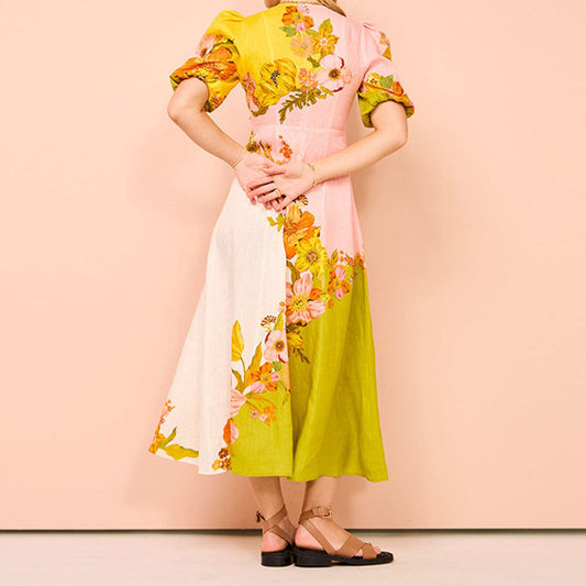 LD | Dames midi-jurk - Aansluitende taille - Pofmouwen - Bloemenprint - Uitlopende zoom - Slip-on