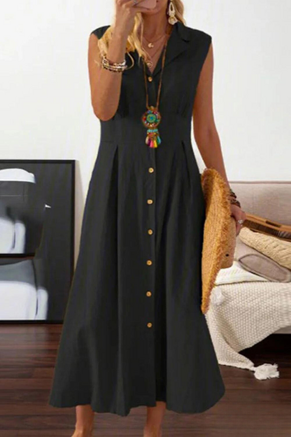 LD | mouwloze midi-jurk met overlappende knopen