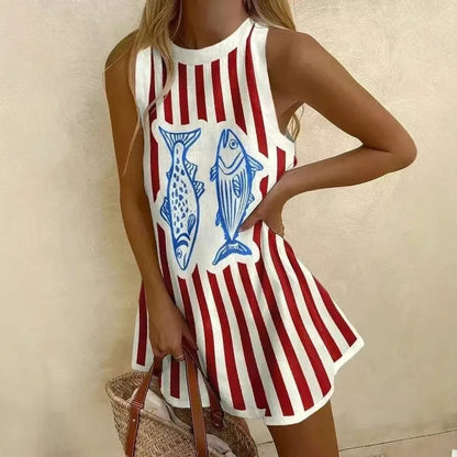 LD Vrouwen Puzzelprint Zomerjurk Mouwloos Over de Knie Mini-jurk Casual Tank Top Strandjurk voor Vrouwen