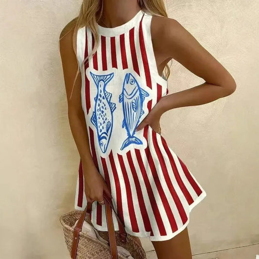 LD Vrouwen Puzzelprint Zomerjurk Mouwloos Over de Knie Mini-jurk Casual Tank Top Strandjurk voor Vrouwen