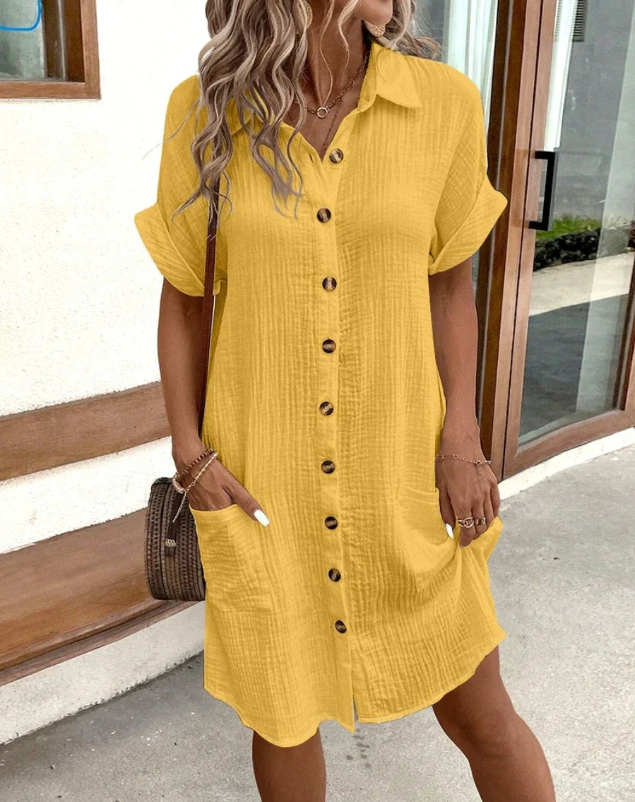 LD | Vintage Vrouwen Effen Mini Jurk Zomer Mode V-Hals Drie Mouwen Katoenen Linnen Jurk Dames Casual Vakantie Vestidos