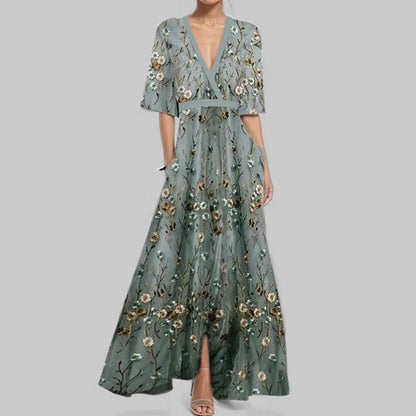 LD | Lente Zomer Vrouwen Mode V Hals Riem Feest Lange Jurk Sexy Boho Maxi Jurken Korte Mouw Zak Femlae Vakantie