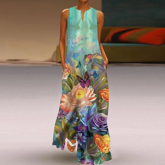 LD 2025 Zomer Nieuwe Vintage Bloem Gedrukte Lange Jurken Vrouwen Mode V-Hals Losse Mouwloze Jurk Casual Woon-werkverkeer Vestidos Vrouw