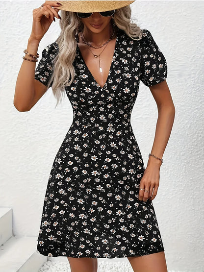 LD | Zomer Vrouwen Bloemenprint Mini Jurk V-Hals Pofmouwen Casual Vakantie Jurk voor Uitgaan en Party