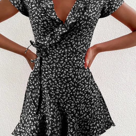 LD | Zomer Dames Bloemen A-Line Jurk Elegante Geruwde V-Hals Mini Jurk