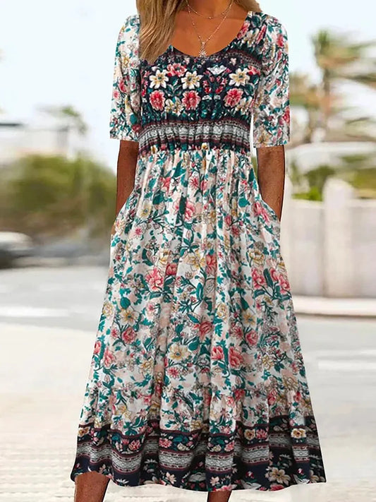 LD | 2025 zomer nieuwe vrouwen bohemia losse mode print ronde hals korte mouw lange jurk