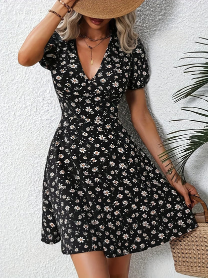 LD | Zomer Vrouwen Bloemenprint Mini Jurk V-Hals Pofmouwen Casual Vakantie Jurk voor Uitgaan en Party