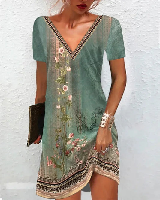 LD 2024 Vrouwen Zomerjurk Boho V-Hals Korte Mouw Vintage Print Bloemenjurk Vrouw Casual Vakantie Strand Los Jurken Vestidos