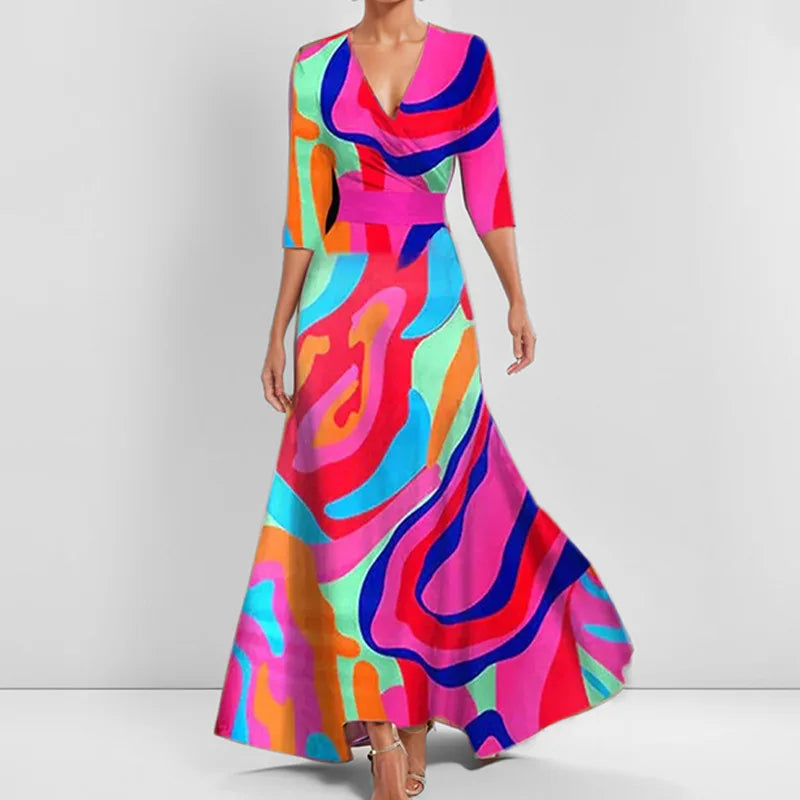 LD | Lente Zomer Vrouwen Mode V Hals Riem Feest Lange Jurk Sexy Boho Maxi Jurken Korte Mouw Zak Femlae Vakantie