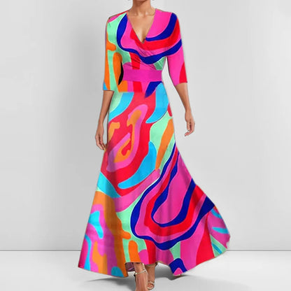 LD | Lente Zomer Vrouwen Mode V Hals Riem Feest Lange Jurk Sexy Boho Maxi Jurken Korte Mouw Zak Femlae Vakantie