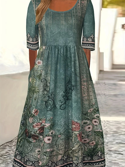LD | 2025 zomer nieuwe vrouwen bohemia losse mode print ronde hals korte mouw lange jurk