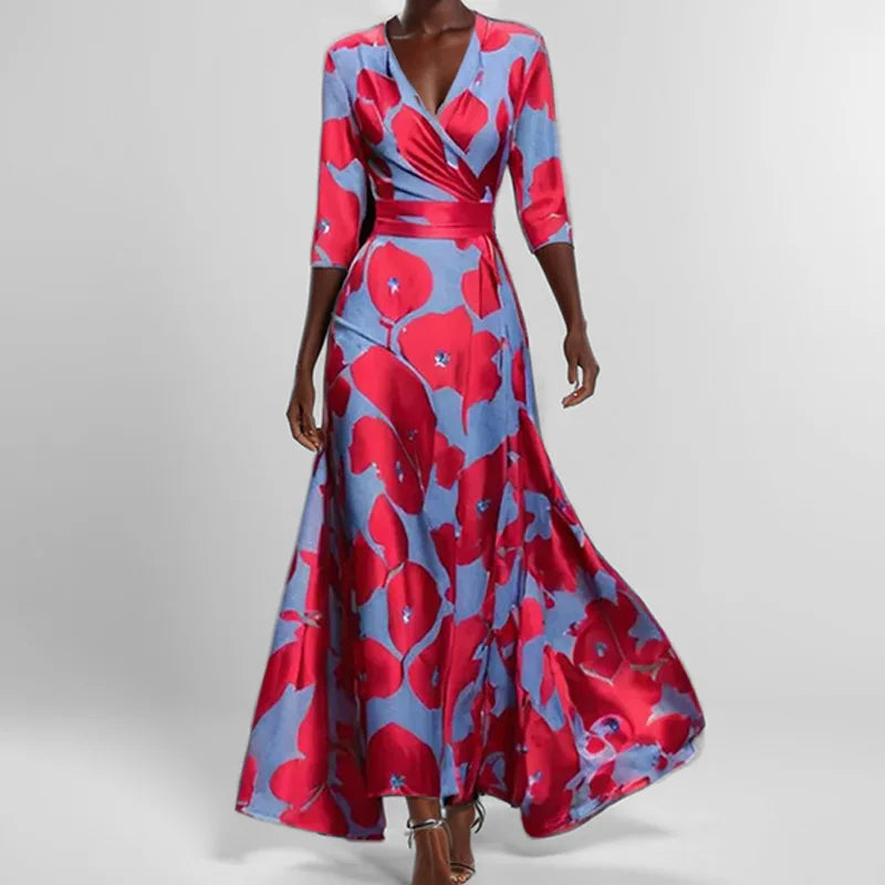 LD | Lente Zomer Vrouwen Mode V Hals Riem Feest Lange Jurk Sexy Boho Maxi Jurken Korte Mouw Zak Femlae Vakantie