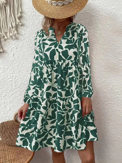 LD 2024 Dames Zomer Elegante V-Hals Geplooide Lijn Soondress Boho Print Mini Dress Casual Los Oversize Strand Soondress