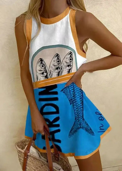 LD Vrouwen Puzzelprint Zomerjurk Mouwloos Over de Knie Mini-jurk Casual Tank Top Strandjurk voor Vrouwen