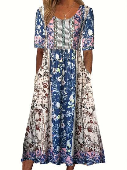 LD | 2025 zomer nieuwe vrouwen bohemia losse mode print ronde hals korte mouw lange jurk