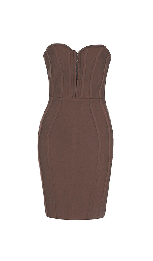 LD | STRAPLESS BANDAGE MINI JURK IN BRUIN