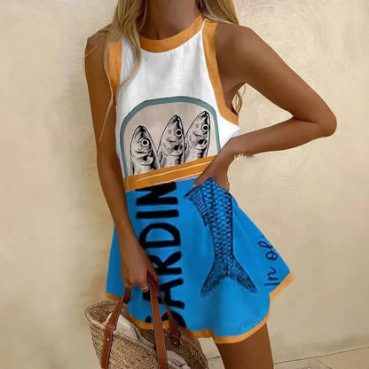 LD Vrouwen Puzzelprint Zomerjurk Mouwloos Over de Knie Mini-jurk Casual Tank Top Strandjurk voor Vrouwen