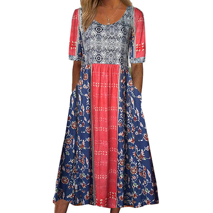 LD | 2025 zomer nieuwe vrouwen bohemia losse mode print ronde hals korte mouw lange jurk