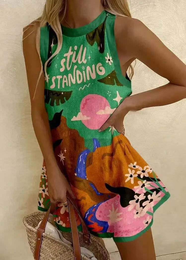 LD Vrouwen Puzzelprint Zomerjurk Mouwloos Over de Knie Mini-jurk Casual Tank Top Strandjurk voor Vrouwen