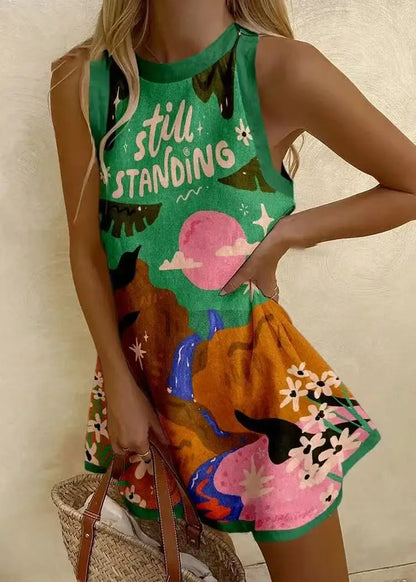 LD Vrouwen Puzzelprint Zomerjurk Mouwloos Over de Knie Mini-jurk Casual Tank Top Strandjurk voor Vrouwen