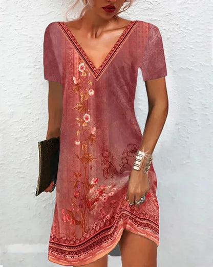 LD 2024 Vrouwen Zomerjurk Boho V-Hals Korte Mouw Vintage Print Bloemenjurk Vrouw Casual Vakantie Strand Los Jurken Vestidos