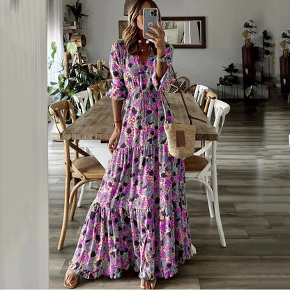 LD 2024 zomer nieuwe europese en amerikaanse vrouwen kleding temperament vakantie v-hals gedrukte grote swing lange jurk
