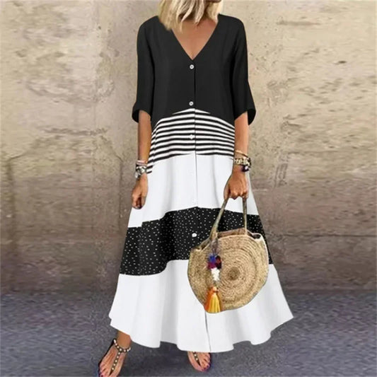 LD 2025 Spring Oversize Women's Long Dress Print V-Hals Korte Mouwen Button Loose A-Line Dresses Female Casual Elegant Dameskleding