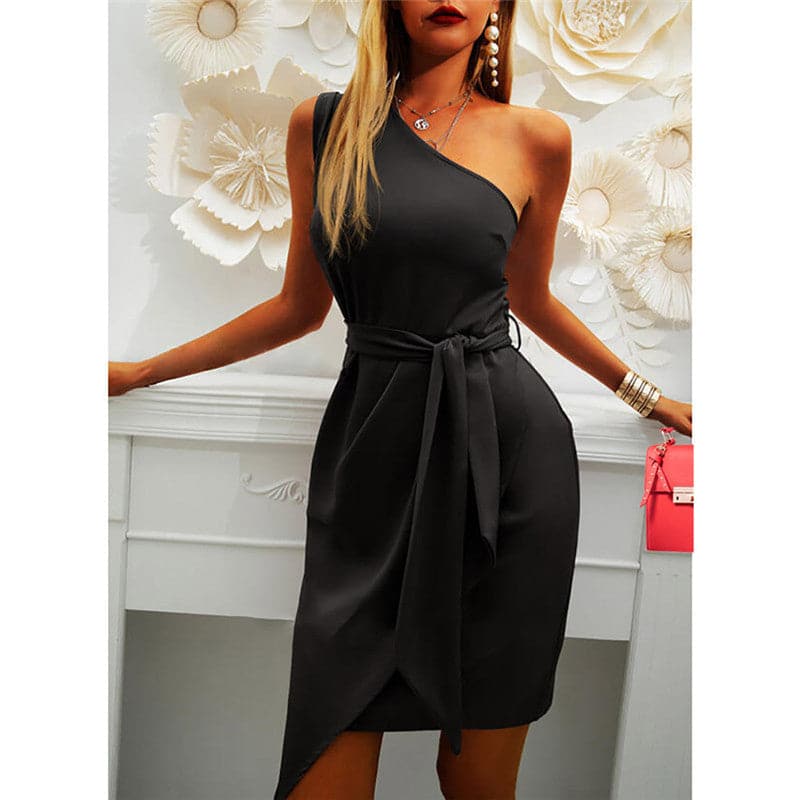 LD | Sexy off-the-shoulder, asymmetrisch bodycon mini jurkje met split halslijn