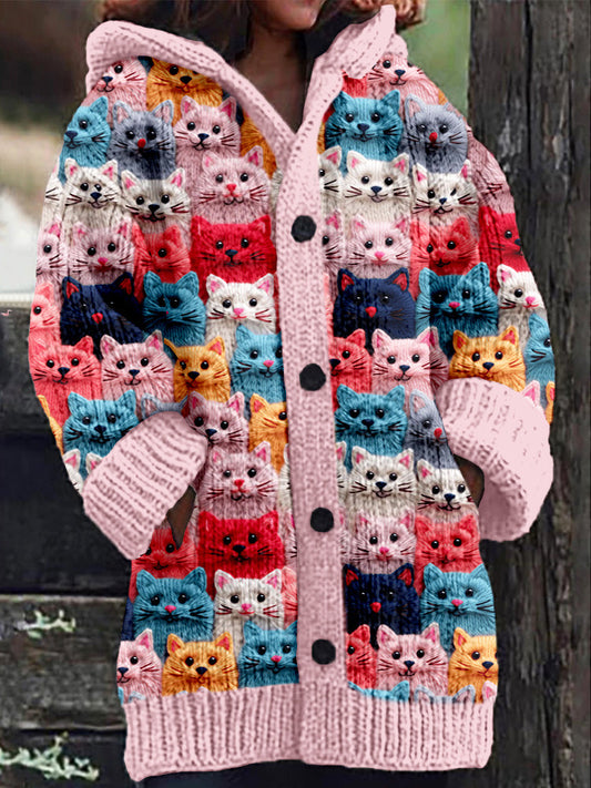 LD | Gebreide jas met knoopsluiting en speelse kattenprint