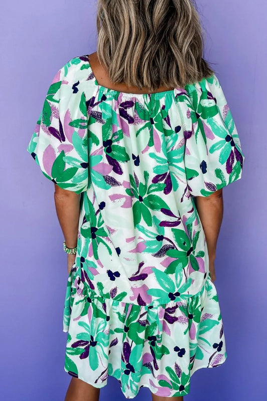 LD | Floral Print Gathered vierkante hals Loose-fit mini-jurk