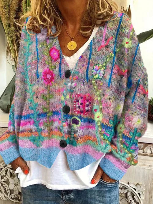 Gebreid vest met bloemen en knoopsluiting