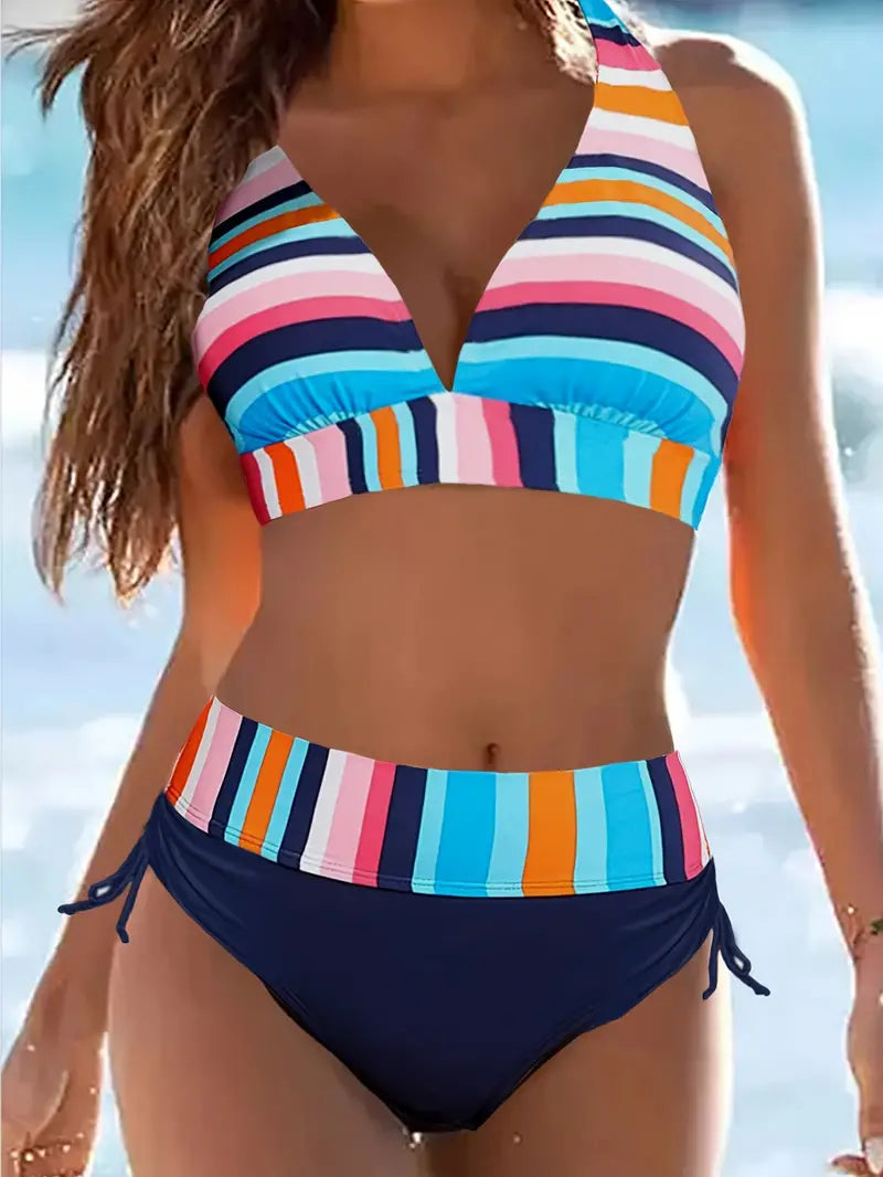 LD | Halterbikini met kleurrijke streepprint en koordje