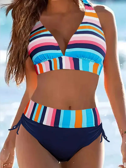 LD | Halterbikini met kleurrijke streepprint en koordje