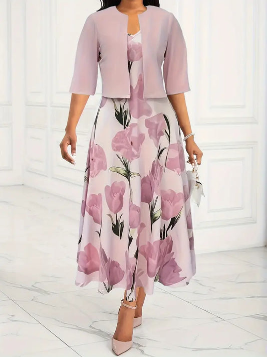 LD | Maxi jurk met bloemen V-hals en gilet voor dames