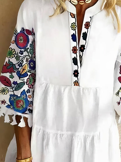 LD | Mini jurk met V-hals en franjes in bloemenprint