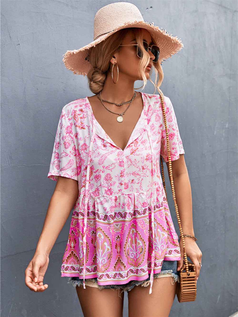 LD Verkopende Boho V-Hals Stropdas Positionering Bloemen Tops