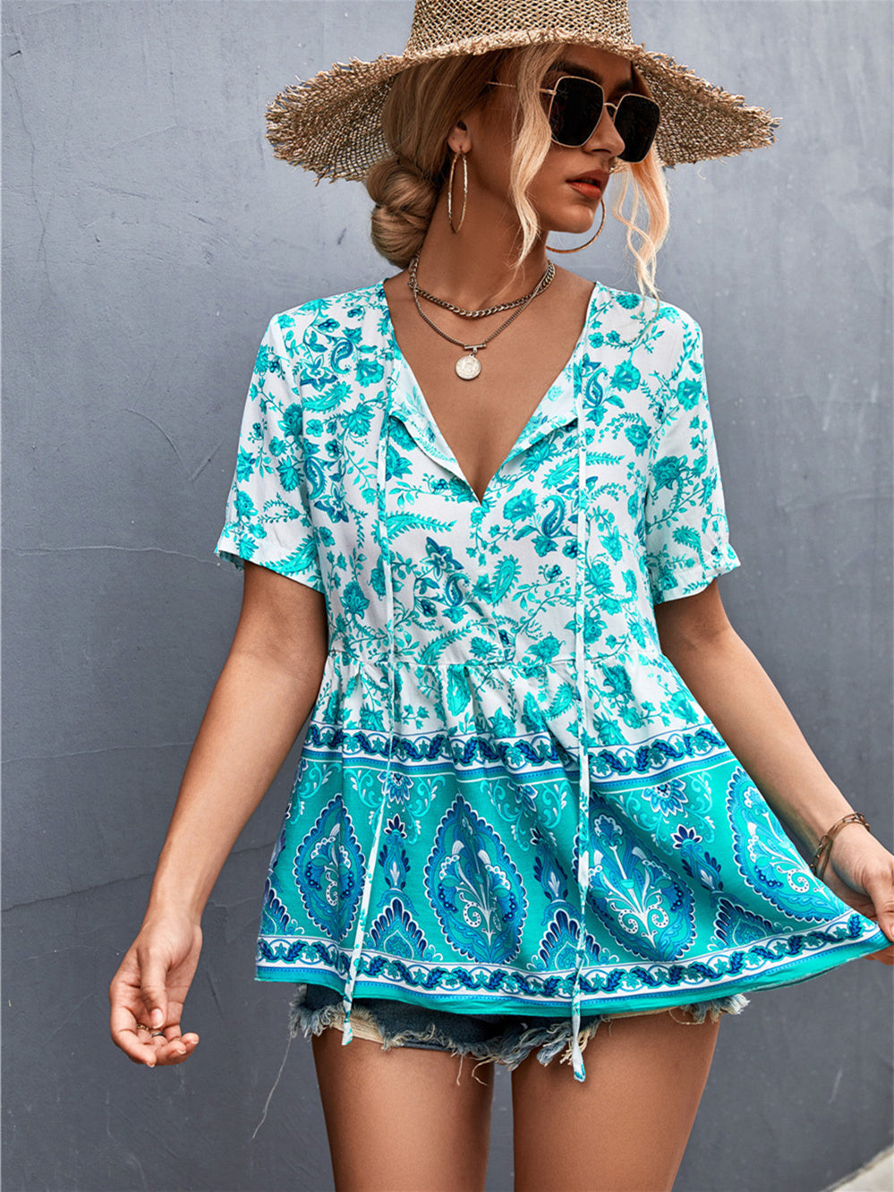 LD Verkopende Boho V-Hals Stropdas Positionering Bloemen Tops