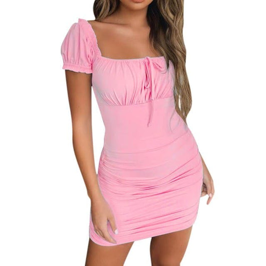 LD Sexy Party Korte Mouwen Kanten Bodycon Mini Jurk met Ruches